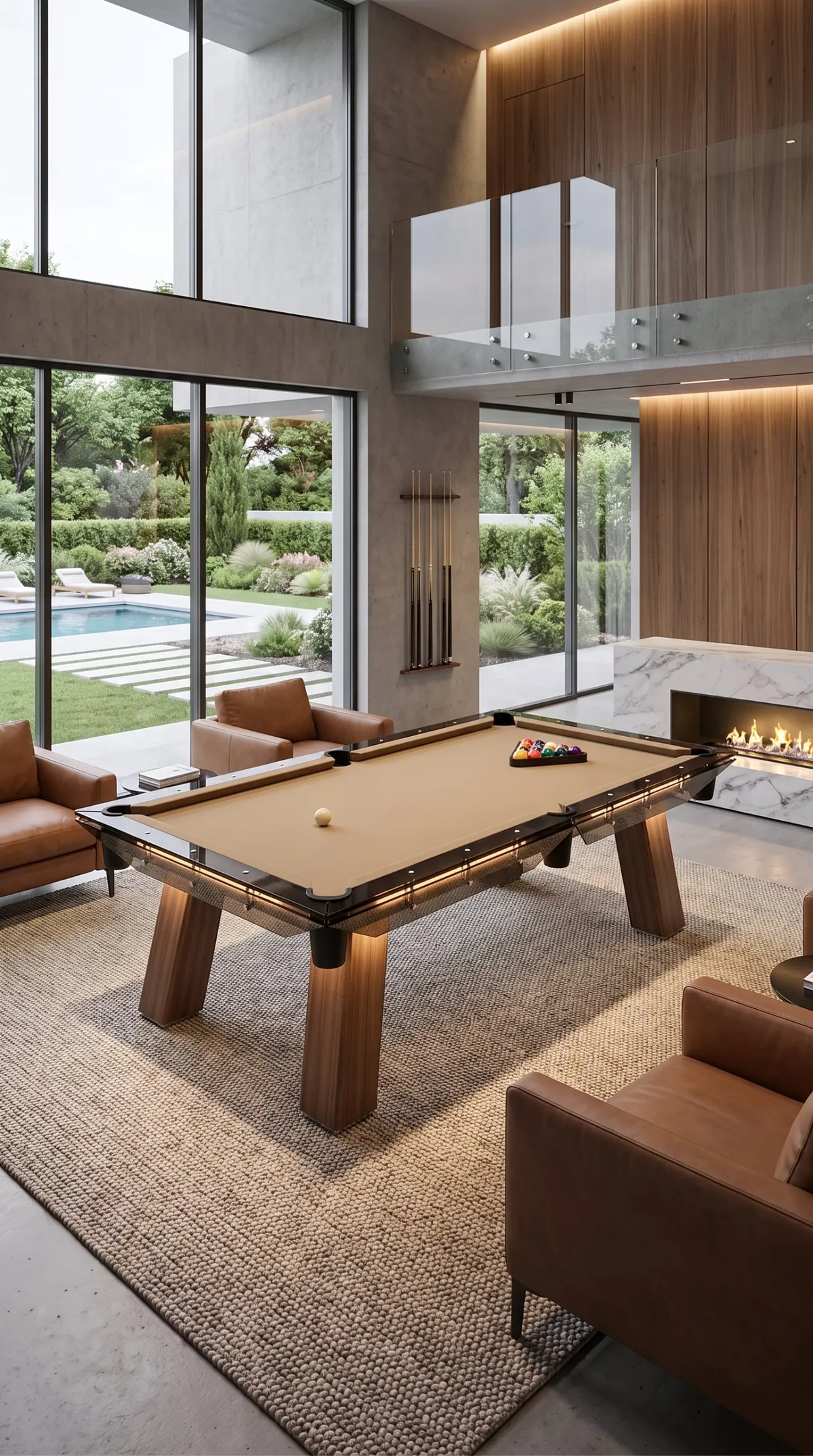 Table de billard Brezza, cadre noir, pieds en bois inclinés et éclairage sous la bande
