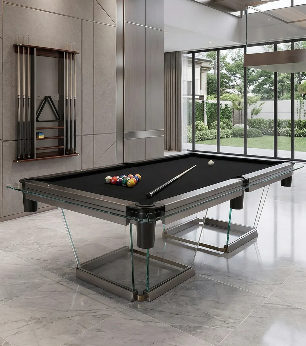 Table de billard Riflesso, pieds en verre trempé et cadre métal, tapis noir