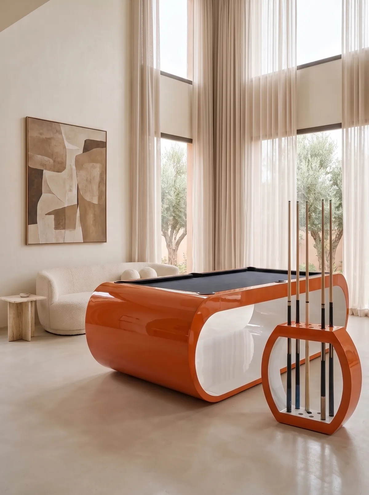 Table de billard Ellisse en laque orange et blanche, cadre en boucle continue
